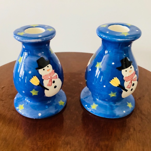 Set of Snowman Holiday Candlesticks, Christmas Candlesticks, Holiday Decor - Picture 2 of 3